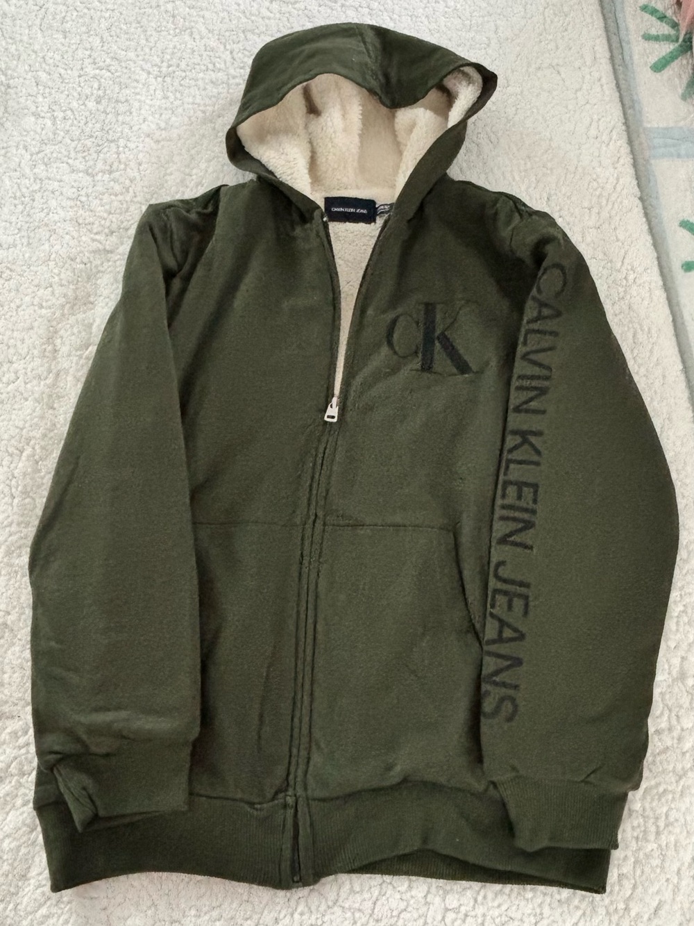 Calvin Klein Jeans Olive Green Hooded Sherpa Zip Jacket